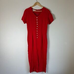 Svelte Midi Dress Womens Size M Red Pearl Button Detail Short Sleeve Vintage